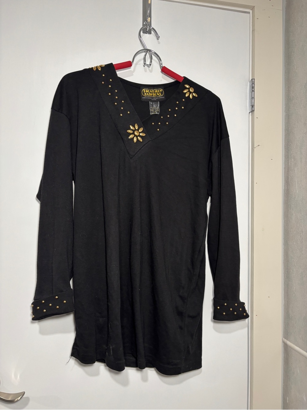Picadilly Fashion Black Long-Sleeve V-Neck Shirt with Gold Stud Flower Accents
